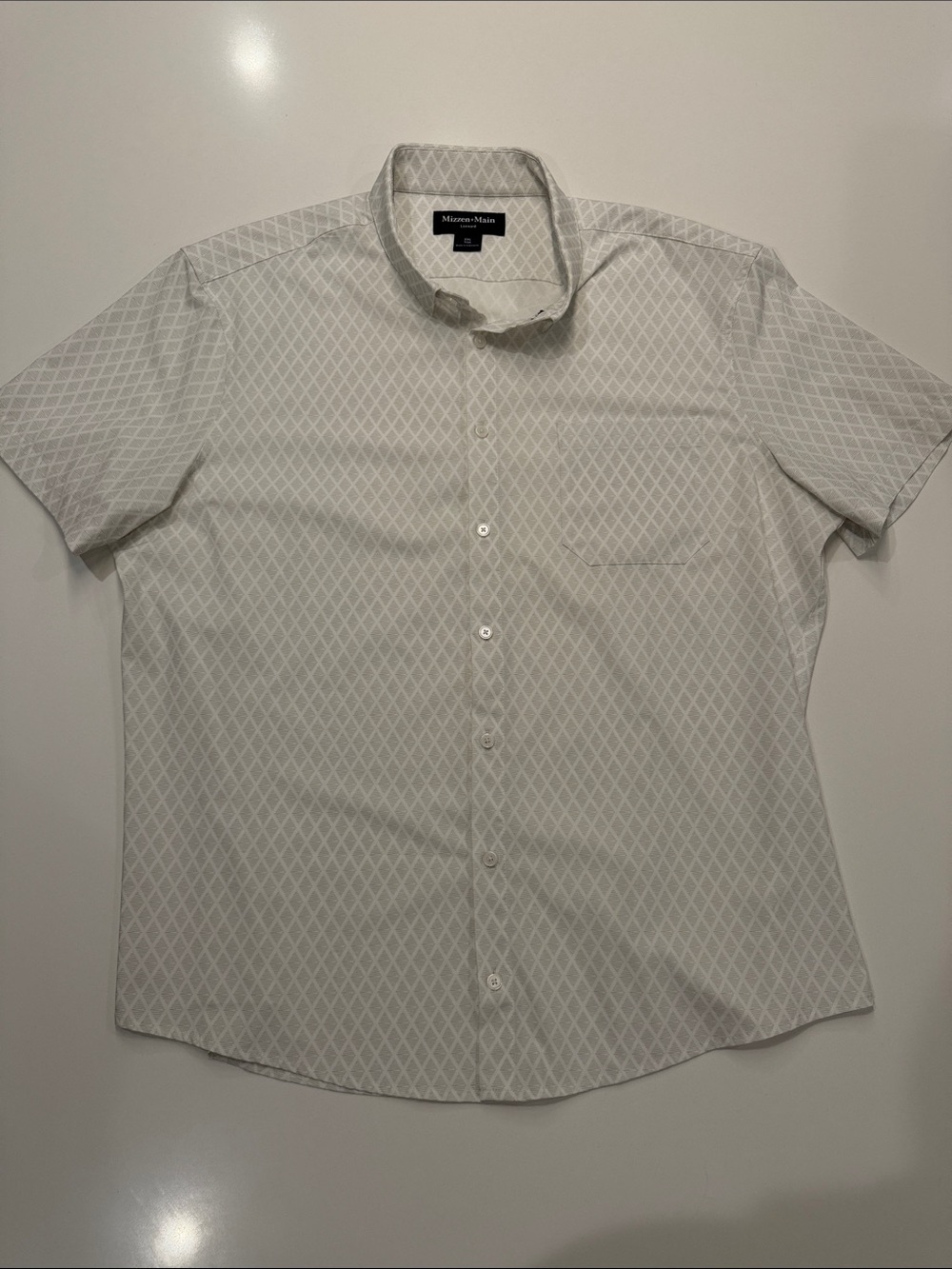 Mizzen+Main Short-Sleeve White Diamond-Print Button-Down Shirt XXL Trim